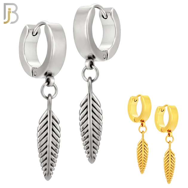 ES93 - 316L Stainless Steel Dangling 19mm Feather Long Design Huggies Clip On