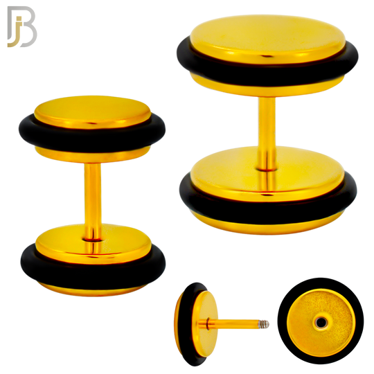 FP07G - 1.2mm Bar Thickness Gold Plated Steel Fake Plug Earrings with Double O‑Ring – Pack of 3 Pairs