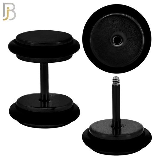 FP07K - 1.2mm Bar Thickness Black Plated Steel Fake Plug Earrings with Double O‑Ring – Pack of 3 Pairs