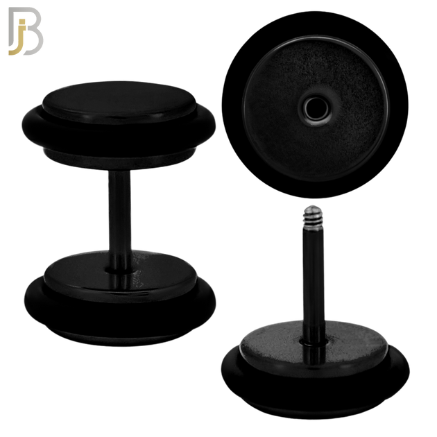 FP07K - 1.2mm Bar Thickness Black Plated Steel Fake Plug Earrings with Double O‑Ring – Pack of 3 Pairs