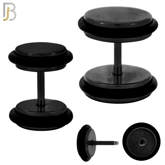 FP07K - 1.2mm Bar Thickness Black Plated Steel Fake Plug Earrings with Double O‑Ring – Pack of 3 Pairs