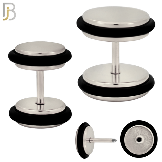 FP07S - 1.2mm Bar Thickness Steel Fake Plug Earrings with Double O‑Ring – Pack of 3 Pairs