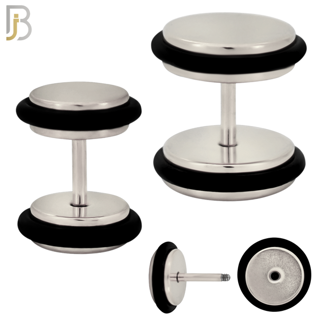 FP07S - 1.2mm Bar Thickness Steel Fake Plug Earrings with Double O‑Ring – Pack of 3 Pairs