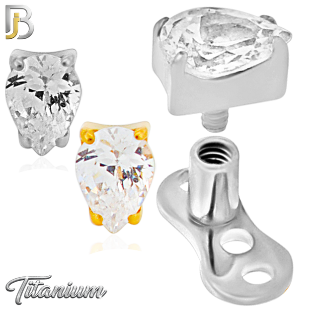 G23-DM20 - 14g G23 Titanium Dermal Anchor paired with a Surgical Steel 4mm x 3mm Pear‑Shaped Clear CZ Top (Pack of 6)