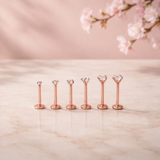 LB14RC16 - 16g 316L Surgical Steel Rose Gold Plated Bar Prong Setting  Zircon Internally Threaded Labret (PACK OF 6)