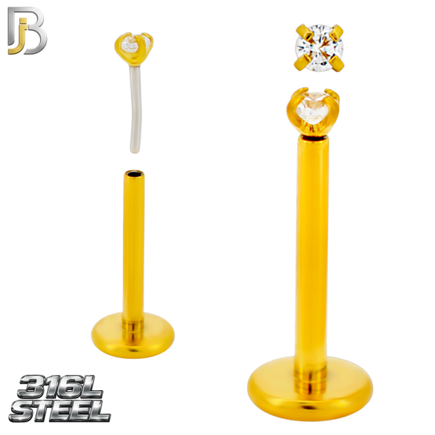 LB17G - 316L Surgical Steel Gold Plated Prong Setting Round Push Zircon Labret