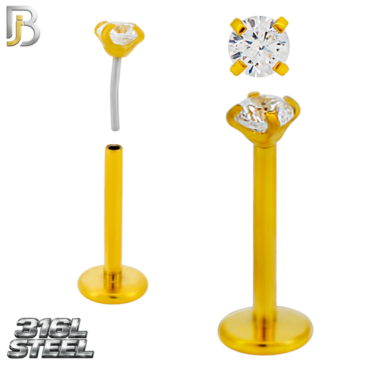 LB17G - 316L Surgical Steel Gold Plated Prong Setting Round Push Zircon Labret