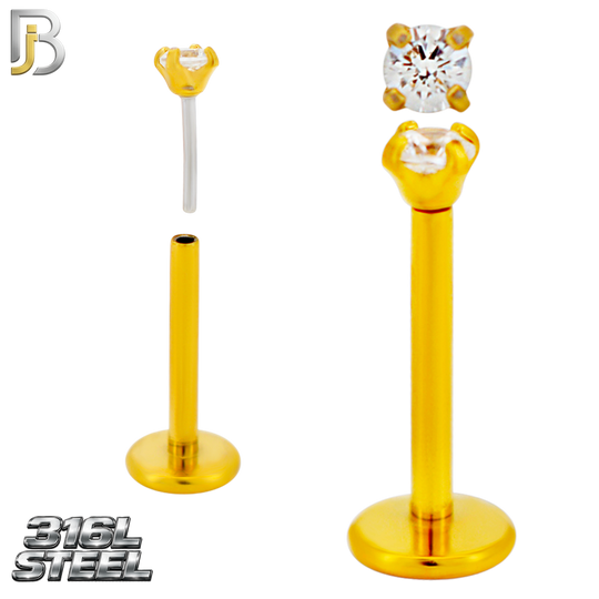 LB17G - 316L Surgical Steel Gold Plated Prong Setting Round Push Zircon Labret