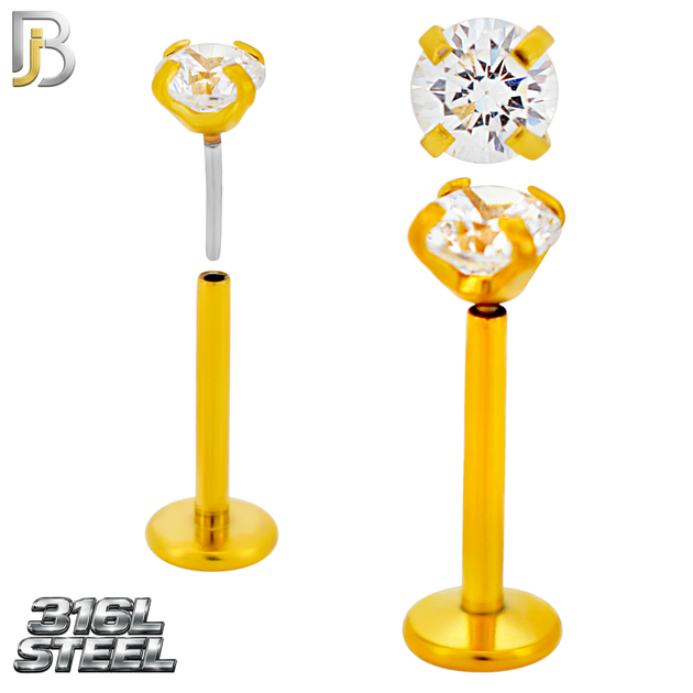 LB17G - 316L Surgical Steel Gold Plated Prong Setting Round Push Zircon Labret