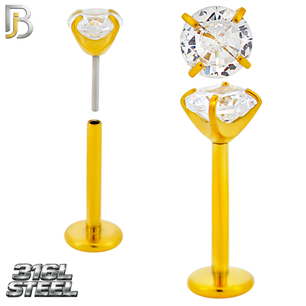 LB17G - 316L Surgical Steel Gold Plated Prong Setting Round Push Zircon Labret