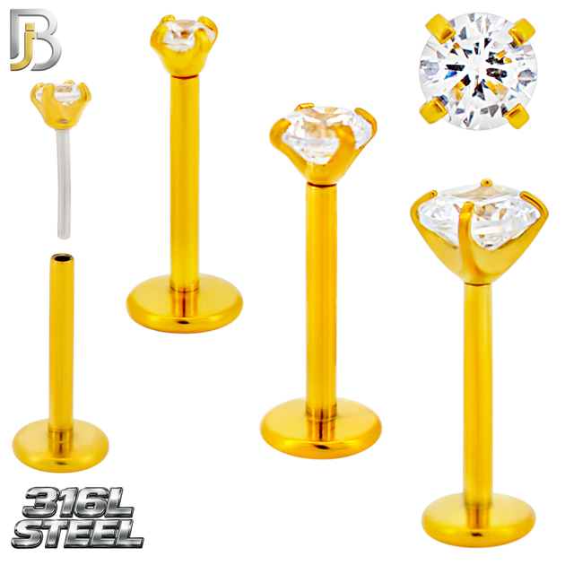 LB17G - 316L Surgical Steel Gold Plated Prong Setting Round Push Zircon Labret