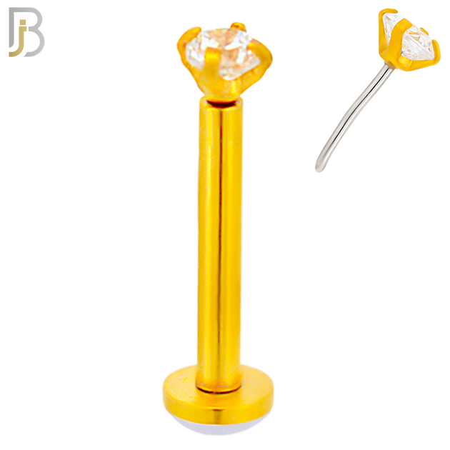 LB17G - 316L Surgical Steel Gold Plated Prong Setting Round Push Zircon Labret