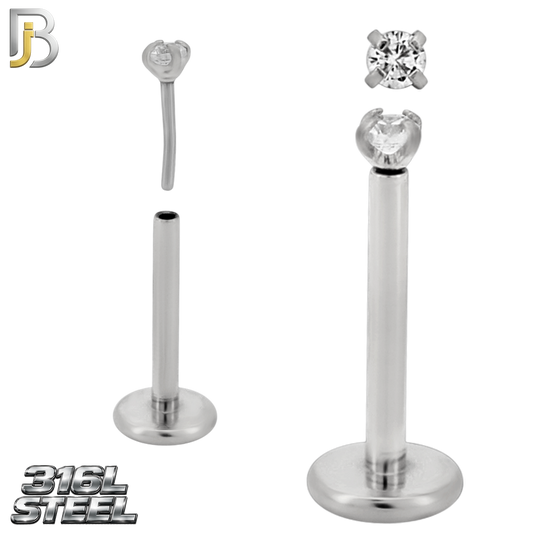 LB17S - 316L Surgical Steel Prong Setting Round Push In  Zircon Labret (PACK OF 6)