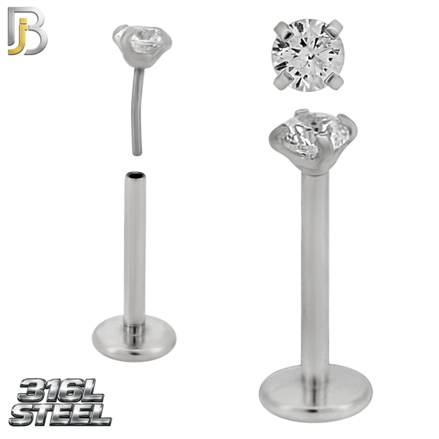 LB17S - 316L Surgical Steel Prong Setting Round Push In  Zircon Labret (PACK OF 6)
