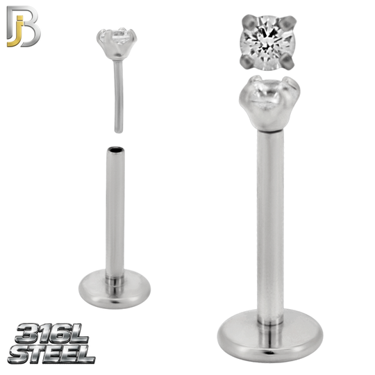 LB17S - 316L Surgical Steel Prong Setting Round Push In  Zircon Labret (PACK OF 6)