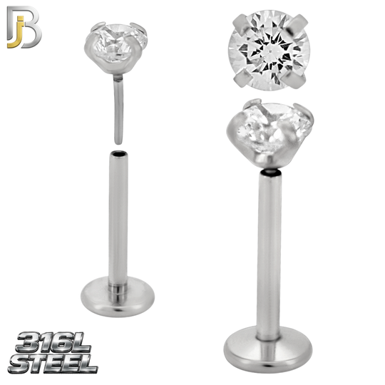 LB17S - 316L Surgical Steel Prong Setting Round Push In  Zircon Labret (PACK OF 6)