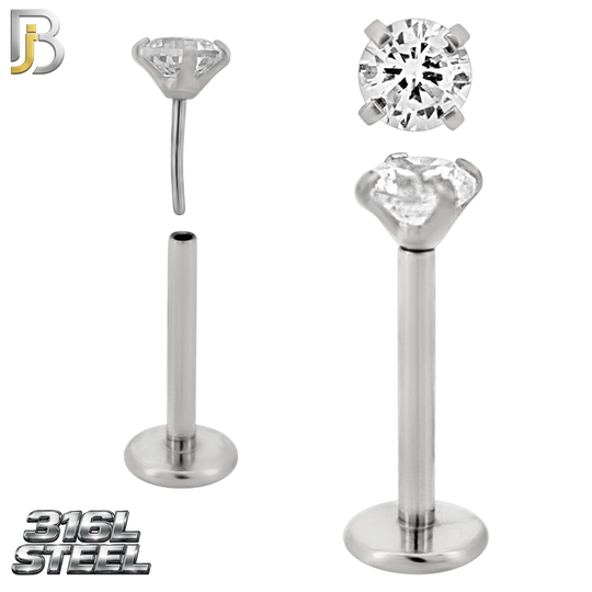 LB17S - 316L Surgical Steel Prong Setting Round Push In  Zircon Labret (PACK OF 6)
