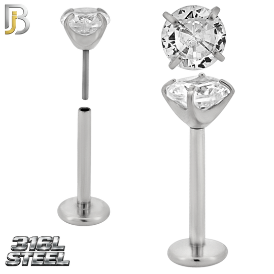 LB17S - 316L Surgical Steel Prong Setting Round Push In  Zircon Labret (PACK OF 6)