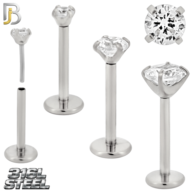 LB17S - 316L Surgical Steel Prong Setting Round Push In  Zircon Labret (PACK OF 6)