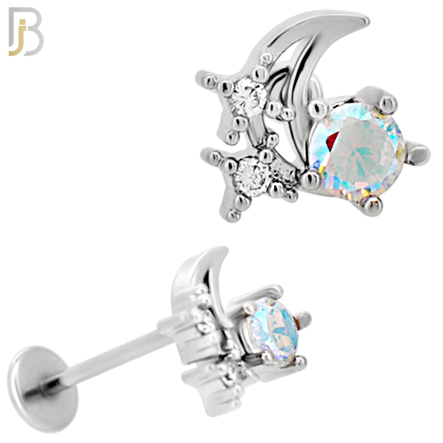 LB33 - 18g - 316L Surgical Steel Moon with Stars Flat Back Labret