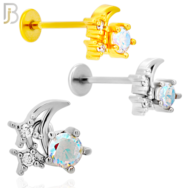 LB33 - 18g - 316L Surgical Steel Moon with Stars Flat Back Labret