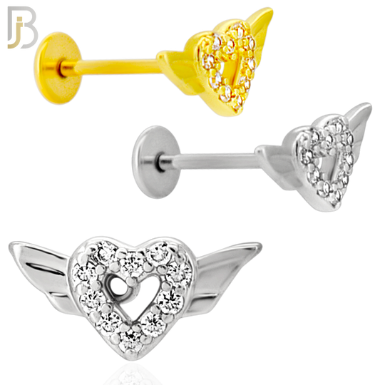 LB43 - 18g - 316L Surgical Steel Heart with Wings Flat Back Labret