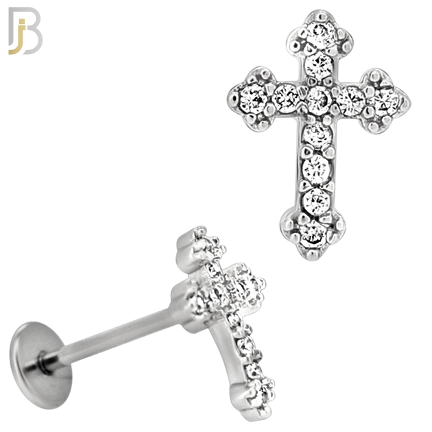 LB45 - 18g - 316L Surgical Steel Budded Cross Flat Back Labret