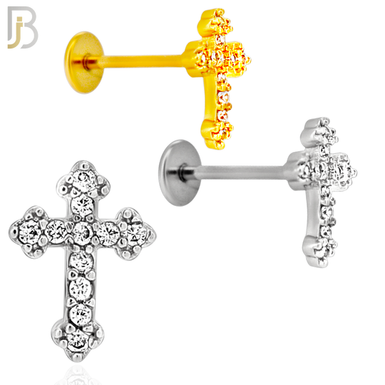 LB45 - 18g - 316L Surgical Steel Budded Cross Flat Back Labret