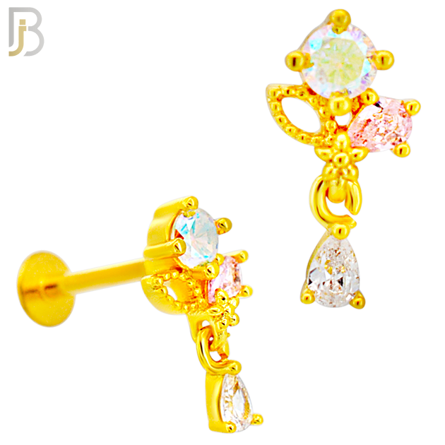 LB48 - 18g - 316L Surgical Steel CZ Cluster Flower with Pear Dangle Flat Back Labret