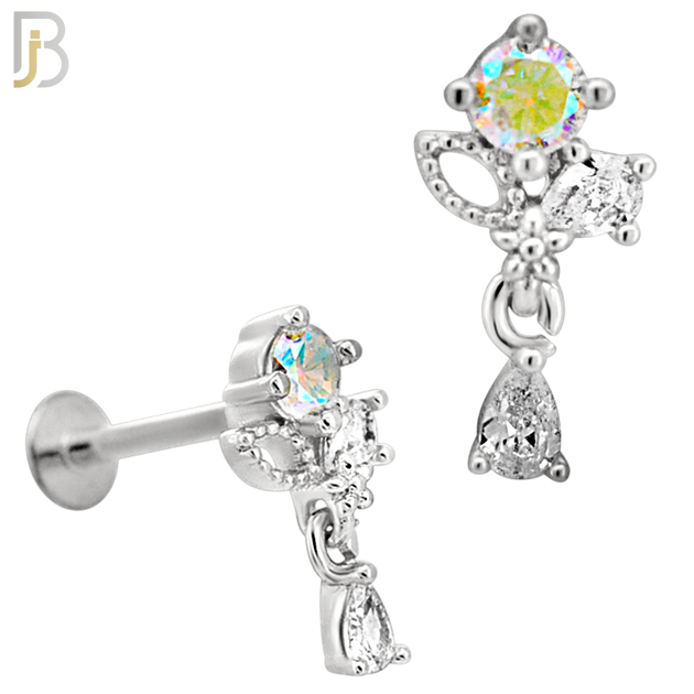 LB48 - 18g - 316L Surgical Steel CZ Cluster Flower with Pear Dangle Flat Back Labret