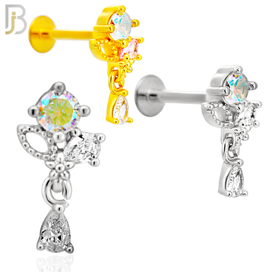 LB48 - 18g - 316L Surgical Steel CZ Cluster Flower with Pear Dangle Flat Back Labret