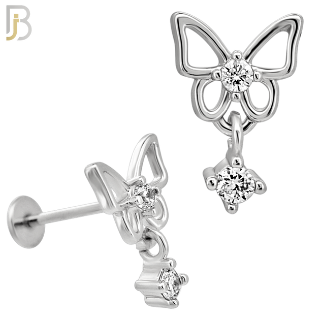 LB49 - 18g - 316L Surgical Steel Butterfly with CZ Dangle Flat Back Labret