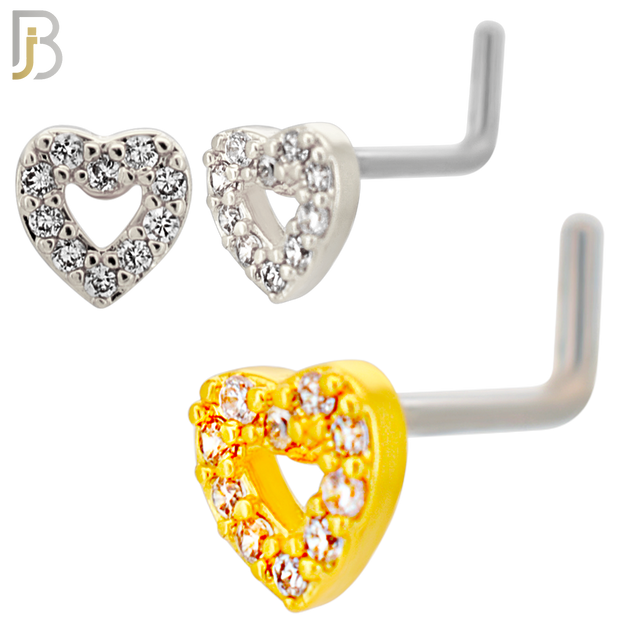 NR126L -20g - 316L Surgical Steel Lshaped Nose Rings Heart with Cubic Zirconia