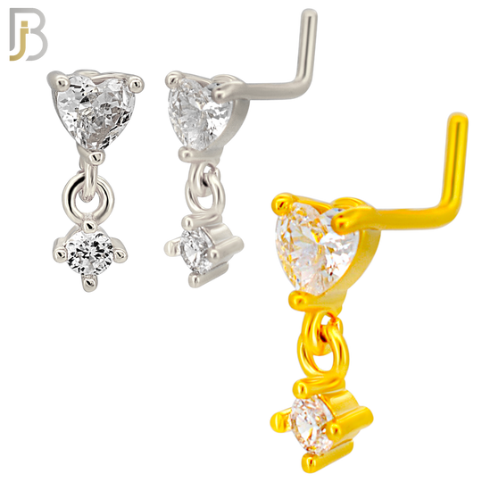 NR128L - 20g - 316L Surgical Steel Lshaped Nose Rings Prong Set Heart with Dangle Round Prong with Cubic Zirconia