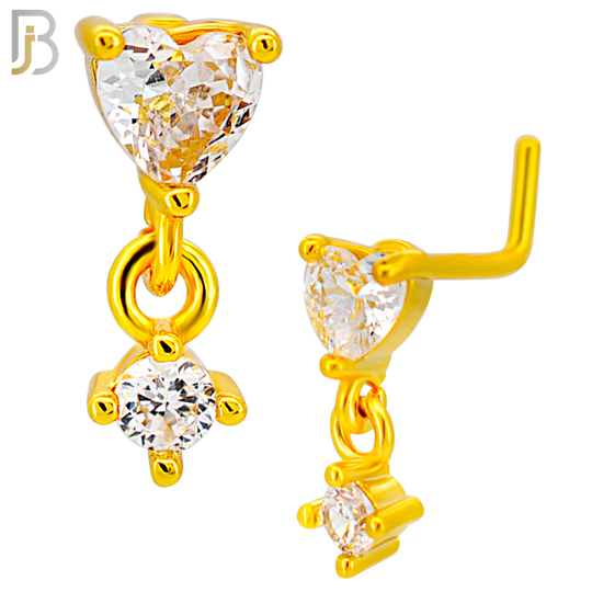 NR128L - 20g - 316L Surgical Steel Lshaped Nose Rings Prong Set Heart with Dangle Round Prong with Cubic Zirconia