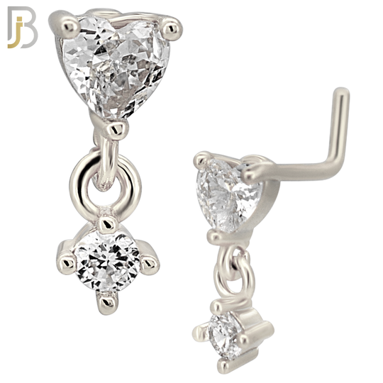 NR128L - 20g - 316L Surgical Steel Lshaped Nose Rings Prong Set Heart with Dangle Round Prong with Cubic Zirconia