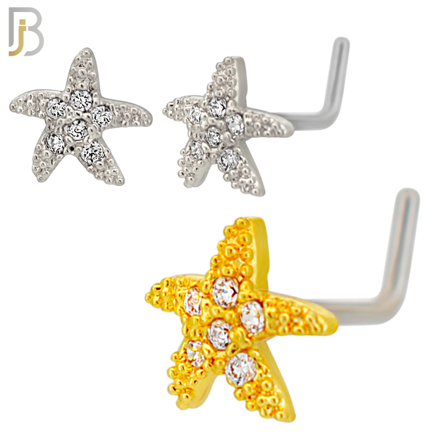 NR129L - 20g - 316L Surgical Steel Lshaped Nose Rings Starfish with Cubic Zirconia
