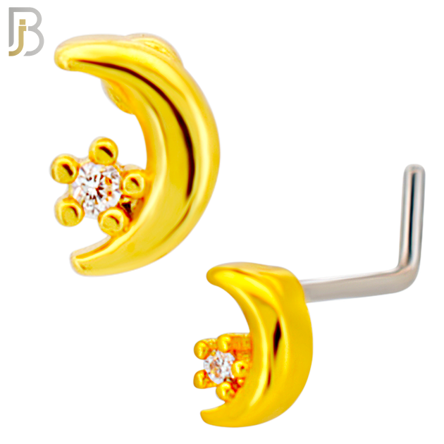 NR130L - 20g - 316L Surgical Steel L-shaped Nose Rings Crescent Moon with Star with Cubic Zirconia