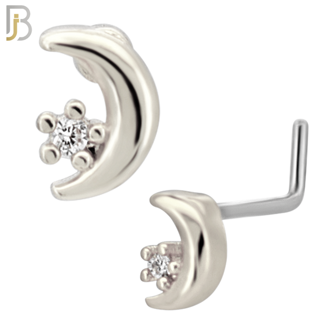 NR130L - 20g - 316L Surgical Steel L-shaped Nose Rings Crescent Moon with Star with Cubic Zirconia
