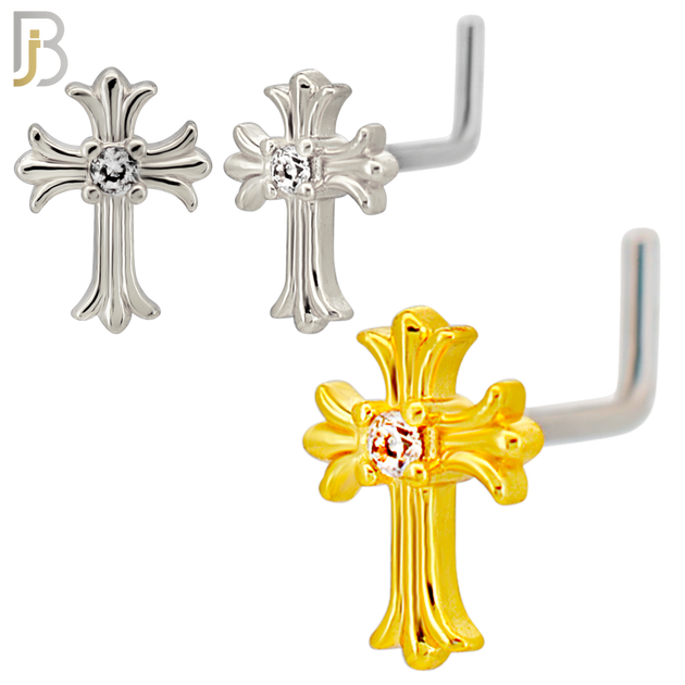 NR131L - 20g - 316L Surgical Steel Lshaped Nose Rings Cross with Cubic Zirconia