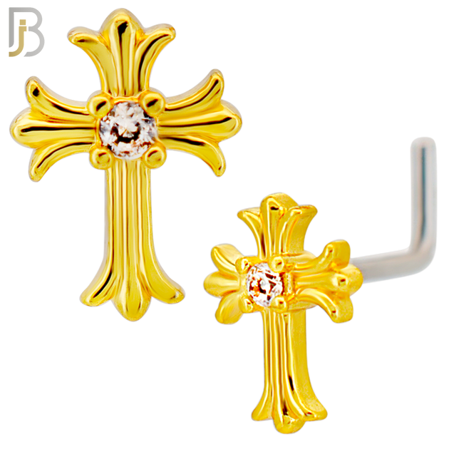 NR131L - 20g - 316L Surgical Steel Lshaped Nose Rings Cross with Cubic Zirconia