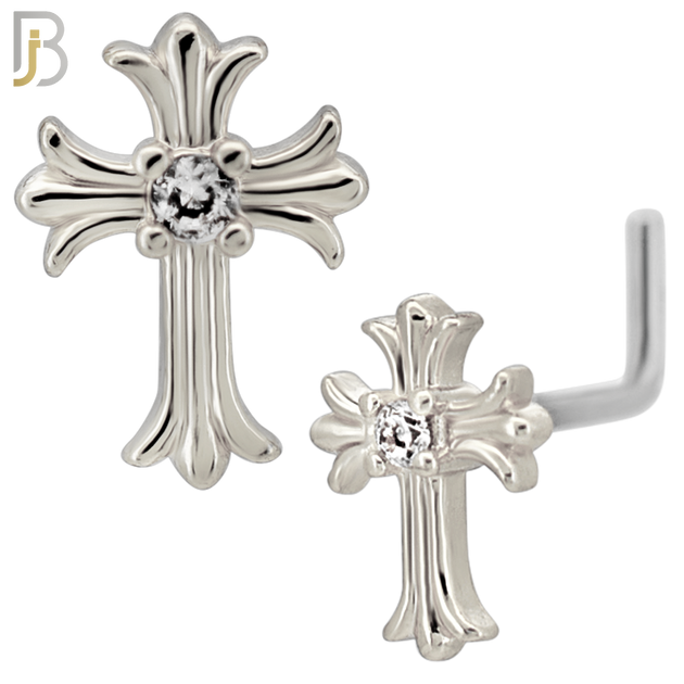NR131L - 20g - 316L Surgical Steel Lshaped Nose Rings Cross with Cubic Zirconia