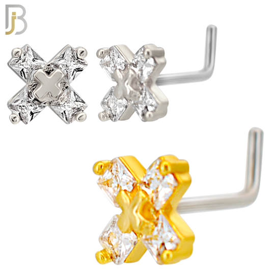 NR132L - 20g - 316L Surgical Steel Lshaped Nose Rings "X" with Cubic Zirconia