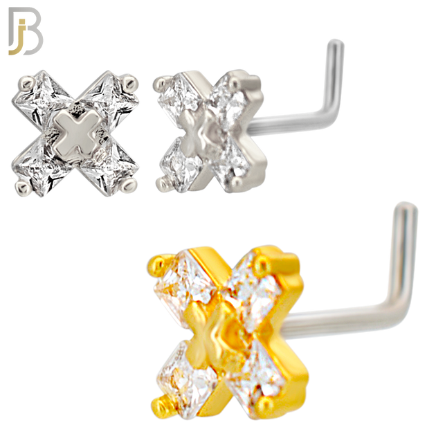 NR132L - 20g - 316L Surgical Steel Lshaped Nose Rings "X" with Cubic Zirconia