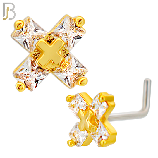 NR132L - 20g - 316L Surgical Steel Lshaped Nose Rings "X" with Cubic Zirconia