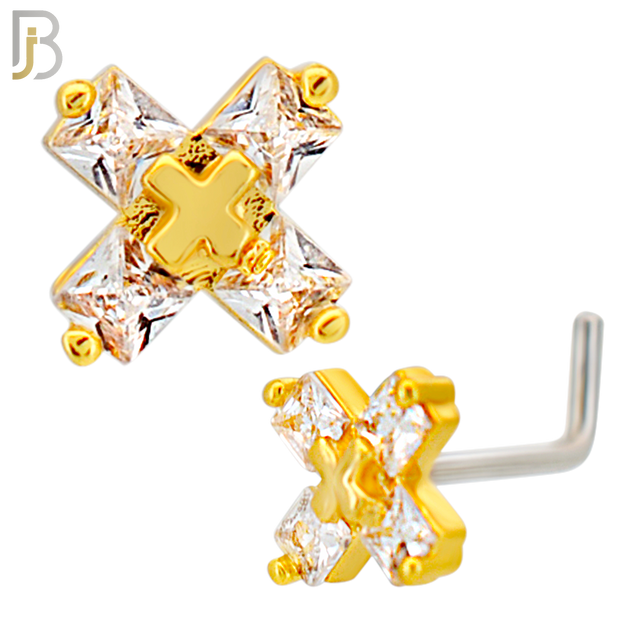 NR132L - 20g - 316L Surgical Steel Lshaped Nose Rings "X" with Cubic Zirconia