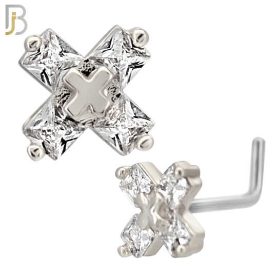 NR132L - 20g - 316L Surgical Steel Lshaped Nose Rings "X" with Cubic Zirconia