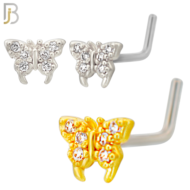 NR133L - 20g - 316L Surgical Steel Lshaped Nose Rings Butterfly with Cubic Zirconia
