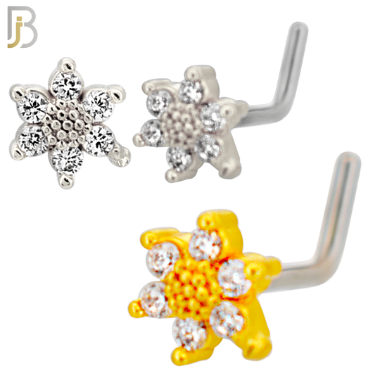 NR134L - 20g - 316L Surgical Steel Lshaped Nose Rings Flower with Cubic Zirconia