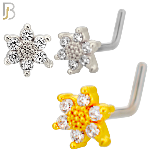 NR134L - 20g - 316L Surgical Steel Lshaped Nose Rings Flower with Cubic Zirconia